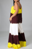 Yellow Casual Tie Dye Patchwork Spaghetti Strap Loose Jumpsuits