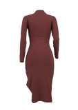 Grey Casual Print Slit Half A Turtleneck Pencil Skirt Dresses
