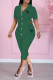 Army Green Fashion Print Patchwork Turndown Collar Short Sleeve Two Pieces