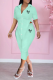 Mint green Fashion Print Patchwork Turndown Collar Short Sleeve Two Pieces