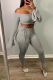 Grey Casual Solid Draw String Off the Shoulder Long Sleeve Two Pieces