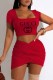 Red Fashion Sexy Print Letter Square Collar Short Sleeve Two Pieces