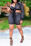 Black Fashion Sexy Solid Patchwork Backless Asymmetrical Long Sleeve Two Pieces