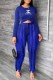 Royal Blue Fashion Elegant Print Tassel Patchwork O Neck Long Sleeve Two Pieces