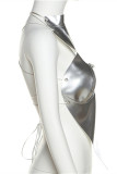 Red Fashion Sexy Solid Hollowed Out Patchwork Backless Cross Straps Asymmetrical Turtleneck Tops