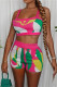 Rose Red Fashion Sexy Print Backless Spaghetti Strap Sleeveless Two Pieces