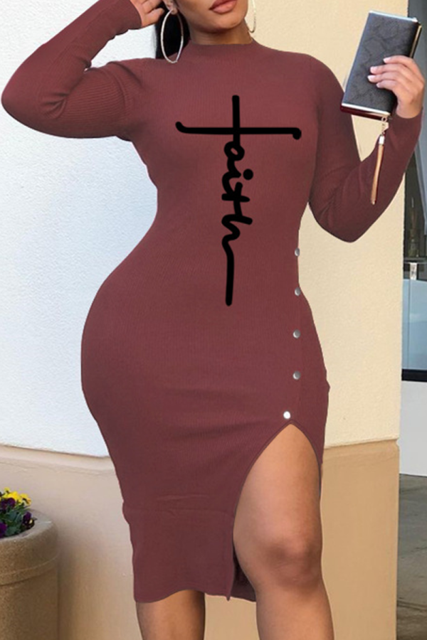 Brown Casual Print Slit Half A Turtleneck Pencil Skirt Dresses