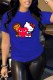 Blue Fashion Street Character Print Patchwork O Neck T-Shirts