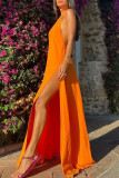 Orange Fashion Casual Solid Bandage Backless Slit Halter Long Dress
