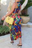 Multicolor Fashion Sexy Print Slit Turtleneck Sleeveless Dress
