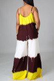 Yellow Casual Tie Dye Patchwork Spaghetti Strap Loose Jumpsuits