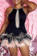 Black Fashion Sexy Patchwork Hollowed Out Feathers O Neck Sleeveless Dress Dresses