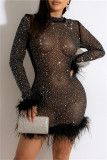 Black Fashion Sexy Patchwork Hot Drilling See-through Feathers O Neck Long Sleeve Dresses