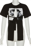 Black Fashion Casual Print Bandage Slit O Neck T-Shirts