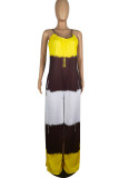 Yellow Casual Tie Dye Patchwork Spaghetti Strap Loose Jumpsuits