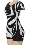 Black Fashion Print Patchwork One Shoulder Skinny Rompers