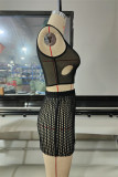 Black Fashion Sexy Solid Hollowed Out See-through O Neck Sleeveless Two Pieces