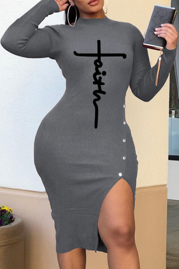 Grey Casual Print Slit Half A Turtleneck Pencil Skirt Dresses