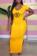 Yellow Fashion Casual Print Slit Letter O Neck One Step Skirt Dresses