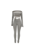 Grey Casual Solid Draw String Off the Shoulder Long Sleeve Two Pieces