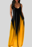 Light Yellow Casual Print Patchwork Spaghetti Strap Sling Dress Dresses