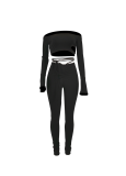 Grey Casual Solid Draw String Off the Shoulder Long Sleeve Two Pieces
