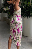 Purple Sexy Print Patchwork Asymmetrical Spaghetti Strap Dresses