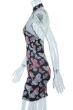 Black Sexy Print Patchwork Halter Pencil Skirt Dresses