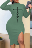 Grey Casual Print Slit Half A Turtleneck Pencil Skirt Dresses