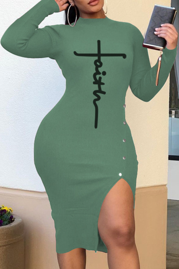 Green Casual Print Slit Half A Turtleneck Pencil Skirt Dresses