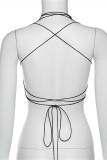 Red Fashion Sexy Solid Hollowed Out Patchwork Backless Cross Straps Asymmetrical Turtleneck Tops