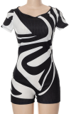 Black Fashion Print Patchwork One Shoulder Skinny Rompers