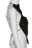 Red Fashion Sexy Solid Hollowed Out Patchwork Backless Cross Straps Asymmetrical Turtleneck Tops
