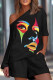 Black Casual Print Patchwork Oblique Collar Three Quarter Two Pieces