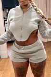 Grey Fashion Casual Solid Patchwork Asymmetrical Hooded Collar Long Sleeve Two Pieces