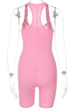 Pink Casual Sportswear Solid Patchwork U Neck Skinny Rompers