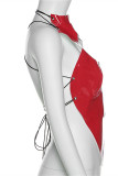 Red Fashion Sexy Solid Hollowed Out Patchwork Backless Cross Straps Asymmetrical Turtleneck Tops