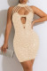 Apricot Fashion Sexy Patchwork Hot Drilling Hollowed Out Backless Turtleneck Sleeveless Dress