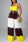 Yellow Casual Tie Dye Patchwork Spaghetti Strap Loose Jumpsuits