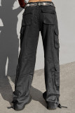 Black Street Solid Patchwork Pocket High Waist Straight Solid Color Bottoms