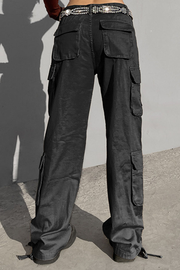 Black Street Solid Patchwork Pocket High Waist Straight Solid Color Bottoms