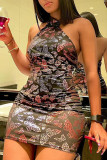 Black Sexy Print Patchwork Halter Pencil Skirt Dresses