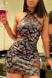 Black Sexy Print Patchwork Halter Pencil Skirt Dresses