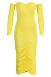 Pink Sexy Solid Patchwork Fold Asymmetrical Off the Shoulder Pencil Skirt Dresses