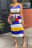 Blue Fashion Casual Striped Print Slit U Neck Sleeveless Two Pieces