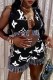 Black Fashion Street Print Tassel Backless V Neck Sleeveless Two Pieces