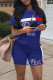 Blue Casual Print Patchwork O Neck Short Sleeve Two Pieces