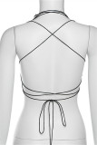 Red Fashion Sexy Solid Hollowed Out Patchwork Backless Cross Straps Asymmetrical Turtleneck Tops