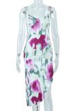 Purple Sexy Print Patchwork Asymmetrical Spaghetti Strap Dresses