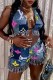 The cowboy blue Fashion Street Print Tassel Backless V Neck Sleeveless Two Pieces